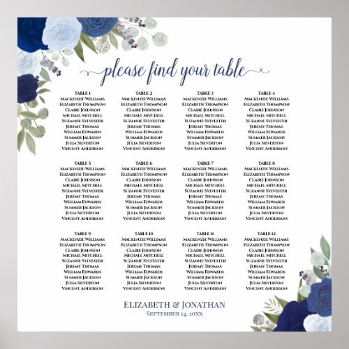 12 Table Elegant Blue Roses Wedding Seating Chart