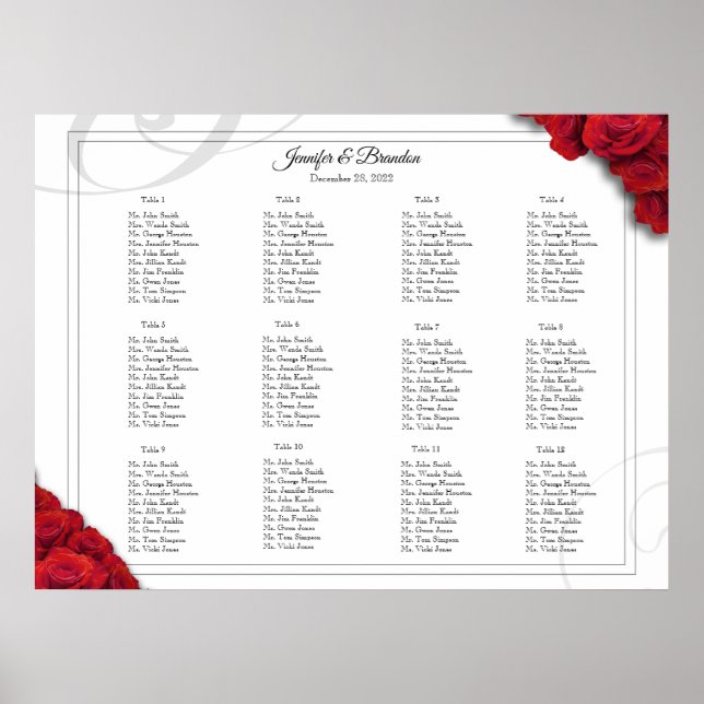 12 Table Elegant Red Roses Seating Chart (Front)