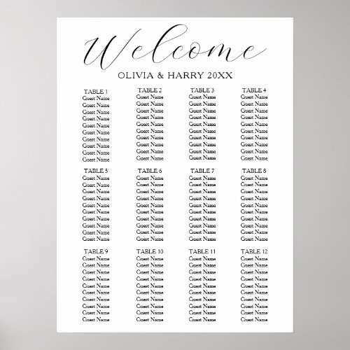 12 Table Elegant Simple Wedding Seating Chart