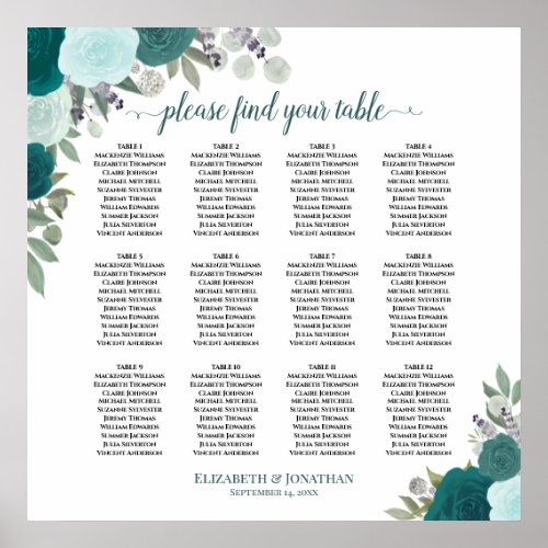 12 Table Elegant Teal Roses Wedding Seating Chart