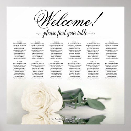 12 Table Elegant White Rose Wedding Seating Chart