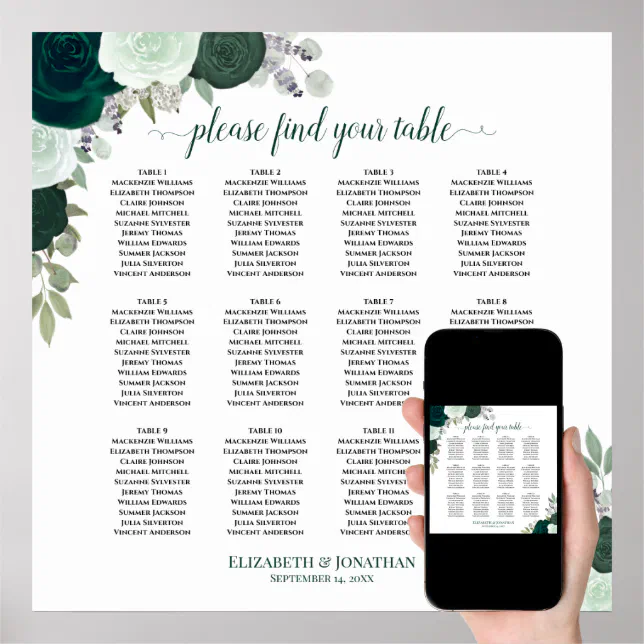 12 Table Emerald Floral Boho Wedding Seating Chart Zazzle