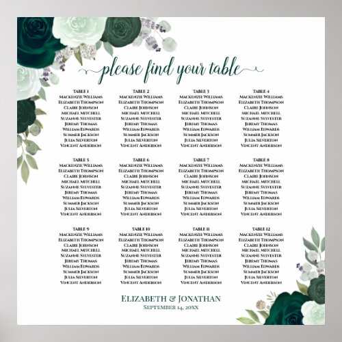 12 Table Emerald Floral Boho Wedding Seating Chart