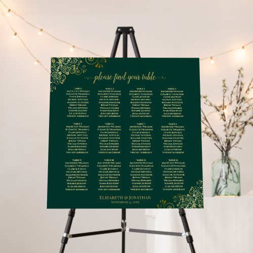 12 Table Emerald & Gold Wedding Seating Chart Foam Board