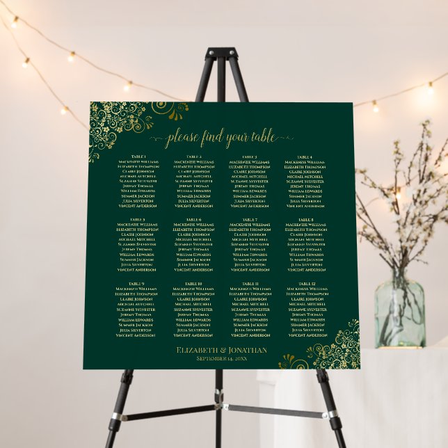 12 Table Emerald & Gold Wedding Seating Chart Foam Board (In Situ (Stand))