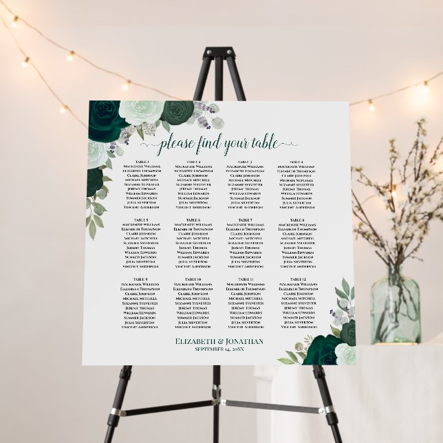 12 Table Emerald Green Boho Wedding Seating Chart Foam Board (In Situ (Stand))
