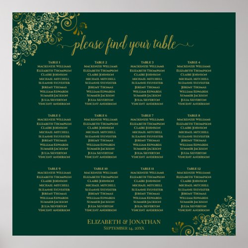 12 Table Emerald Green Wedding Seating Chart Gold