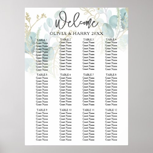 12 Table Eucalyptus Elegant Wedding Seating Chart