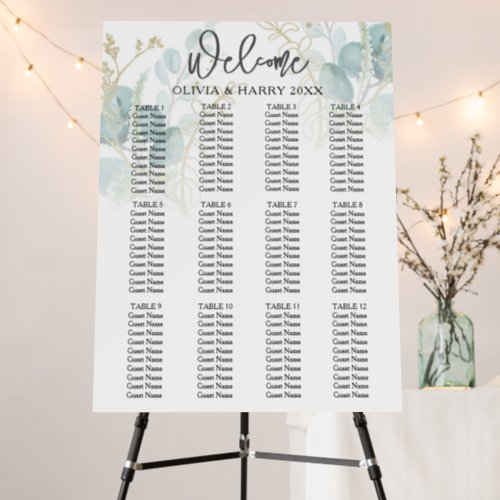 12 Table Eucalyptus Elegant Wedding Seating Chart Foam Board