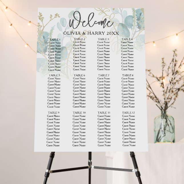 12 Table Eucalyptus Elegant Wedding Seating Chart Foam Board (In Situ (Stand))