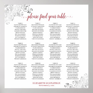 12 Table Frilly Red & White Wedding Seating Chart