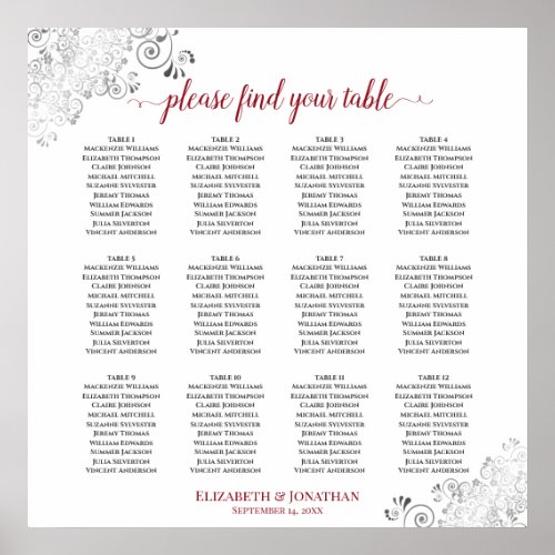 12 Table Frilly Red  White Wedding Seating Chart
