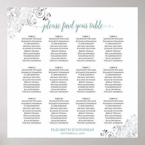 12 Table Frilly Teal  White Wedding Seating Chart