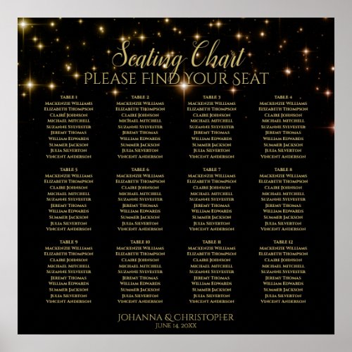 12 Table Gold Sparkles Black Wedding Seating Chart
