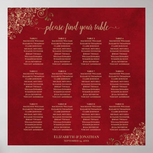 12 Table Golden Lace on Red Wedding Seating Chart