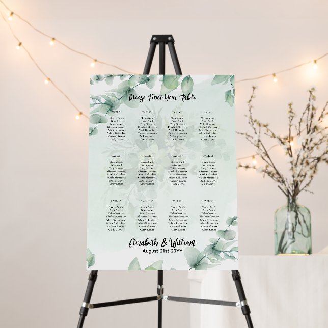 12 Table Greenery Eucalyptus PHOTO Seating Chart Foam Board (In Situ (Stand))