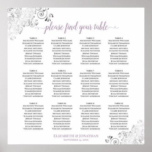 12 Table Lacy Lavender White Wedding Seating Chart