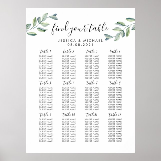 12 Table Large Wedding Guest Seating Chart (Front)