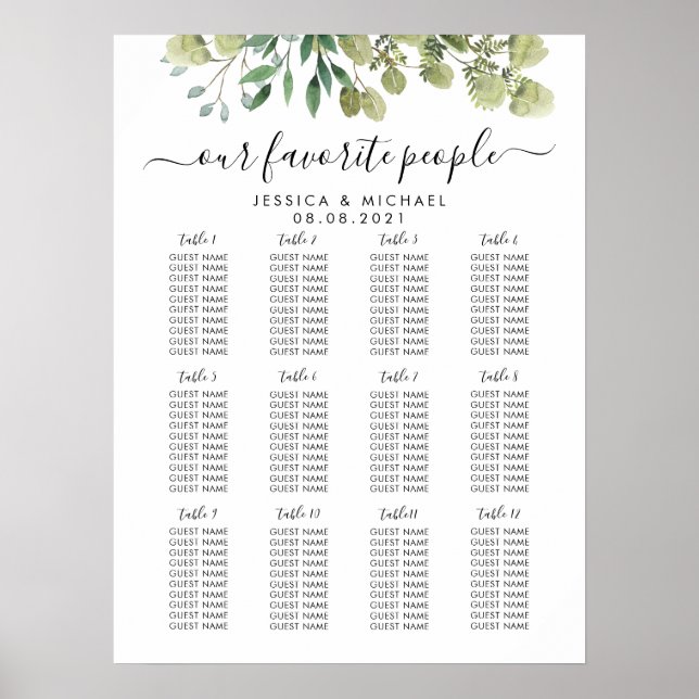 12 Table Large Wedding Guest Seating Chart (Front)