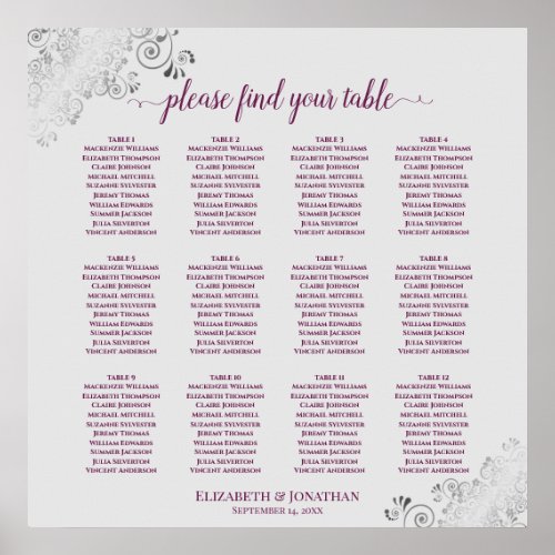 12 Table Magenta on Gray Wedding Seating Chart