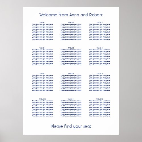 12 Table Minimalist Dark Blue Seating Chart