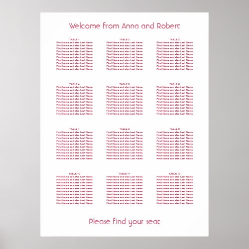 12 Table Minimalist Magenta Red Seating Chart
