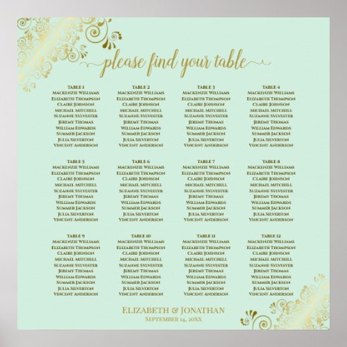 12 Table Mint Green  Gold Wedding Seating Chart