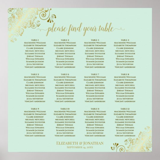 12 Table Mint Green & Gold Wedding Seating Chart