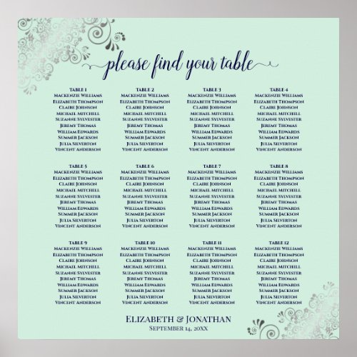 12 Table Mint Green  Navy Wedding Seating Chart
