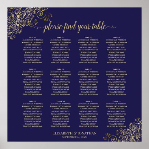 12 Table Navy Blue Wedding Seating Chart Lacy Gold