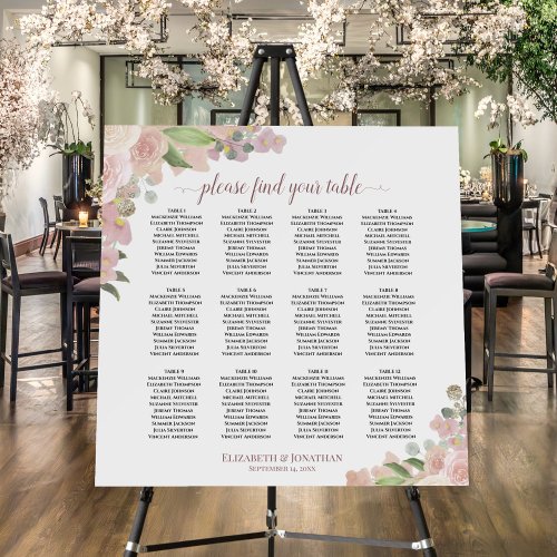 12 Table Pink  Coral Roses Wedding Seating Chart Foam Board