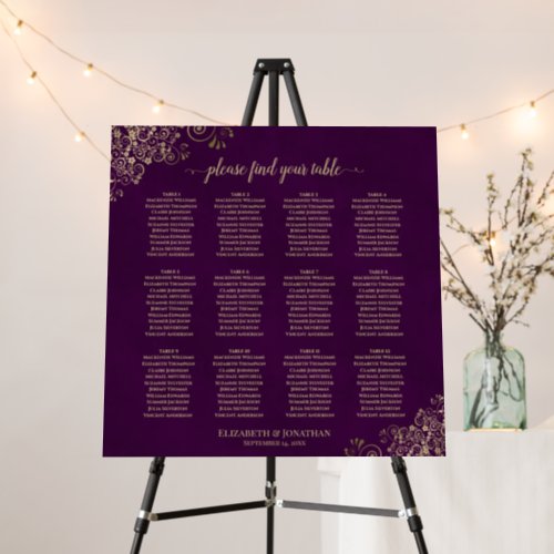 12 Table Plum Purple  Gold Wedding Seating Chart Foam Board