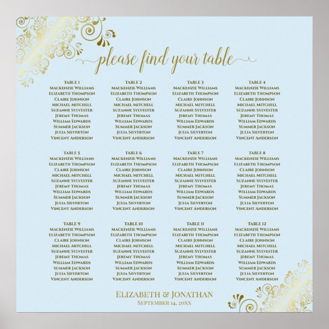 12 Table Powder Blue & Gold Wedding Seating Chart (Front)