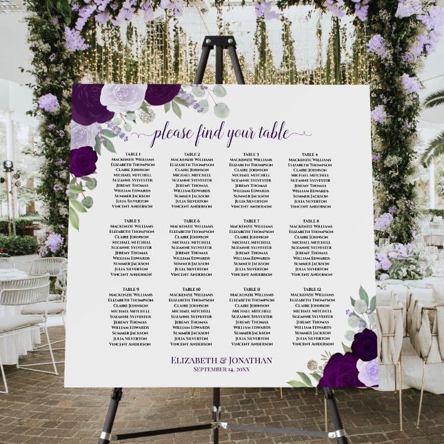 12 Table Purple Boho Floral Wedding Seating Chart Foam Board (In Situ on Stand at Reception)