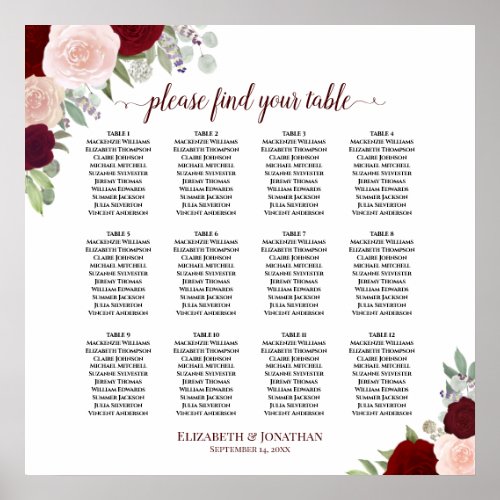 12 Table Red  Pink Floral Wedding Seating Chart