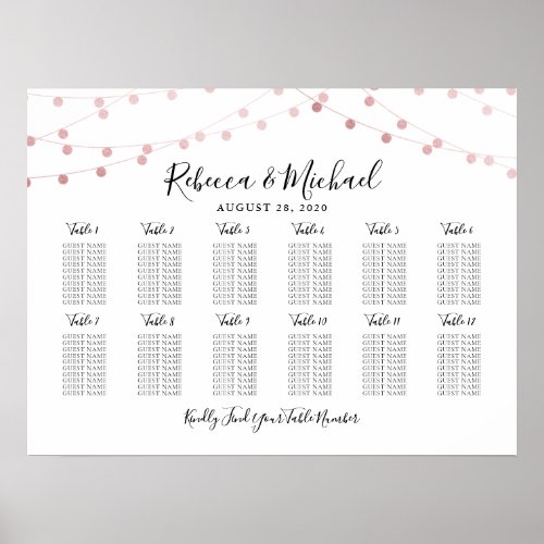 12 Table Rose Gold String Lights Seating Chart