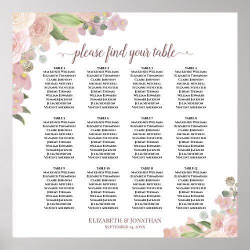 12 Table Rustic Pink Floral Wedding Seating Chart