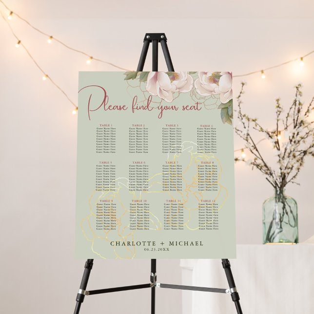 12 Table Sage & Blush Floral Wedding Seating Chart Foam Board (Creator Uploaded)