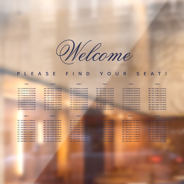 12 Table Seating Chart Blue Script Transparent  Window Cling (Sheet 2)