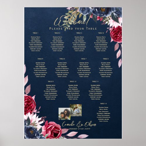 12 Table Seating Chart Photo Welcome Burgundy Blue