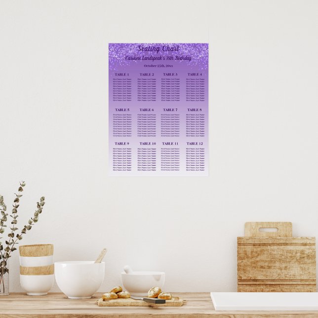 12 Table Seating Chart Template Purple Glitter (Kitchen)