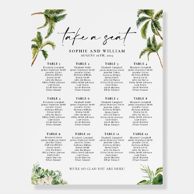 12 Table Seating Chart, Tropical Seating Chart Foam Board (Front)