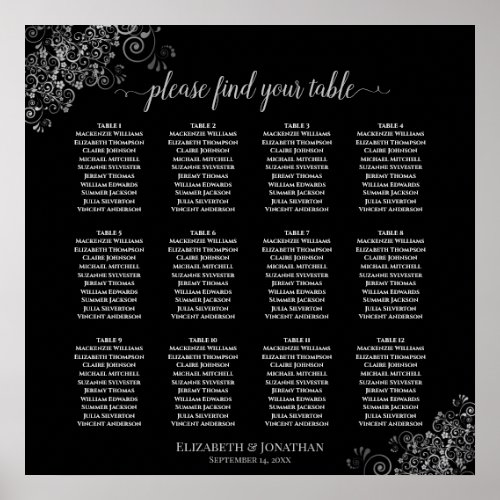 12 Table Silver Frills Black Wedding Seating Chart