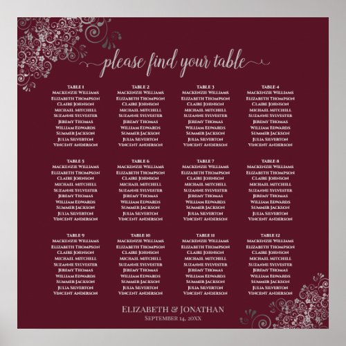 12 Table Silver on Burgundy Wedding Seating Chart