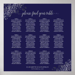 12 Table Silver on Navy Blue Wedding Seating Chart
