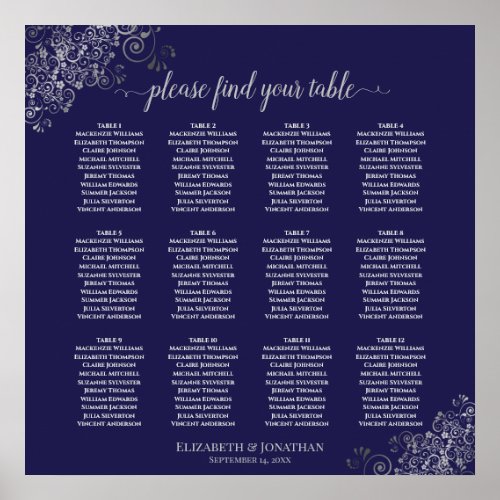 12 Table Silver on Navy Blue Wedding Seating Chart