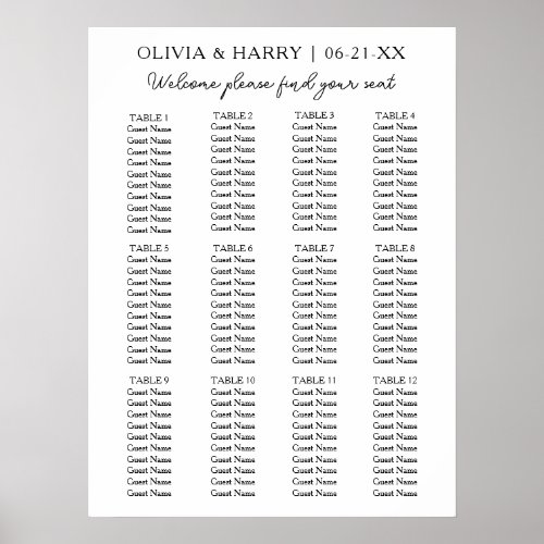 12 Table Simple Minimalist Wedding Seating Chart