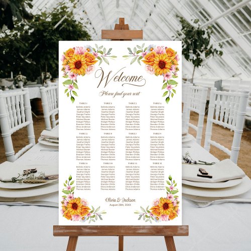 12 Table Sunflower Rose Wedding Seating Chart