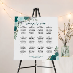 12 Table Teal Boho Floral Wedding Seating Chart Foam Board