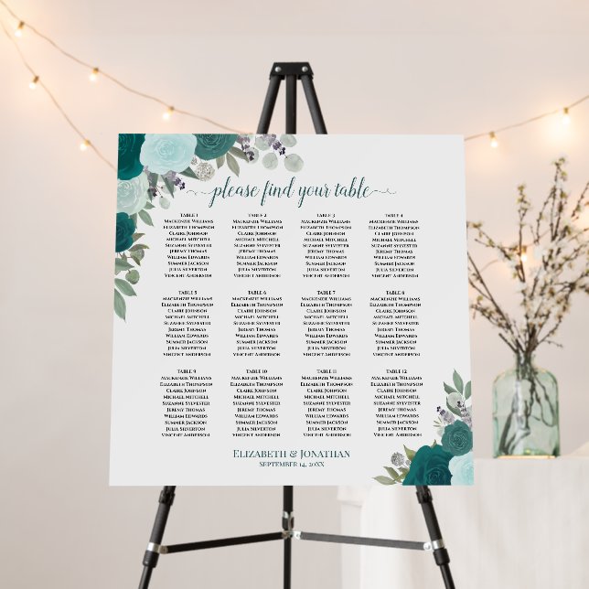 12 Table Teal Boho Floral Wedding Seating Chart Foam Board (In Situ (Stand))